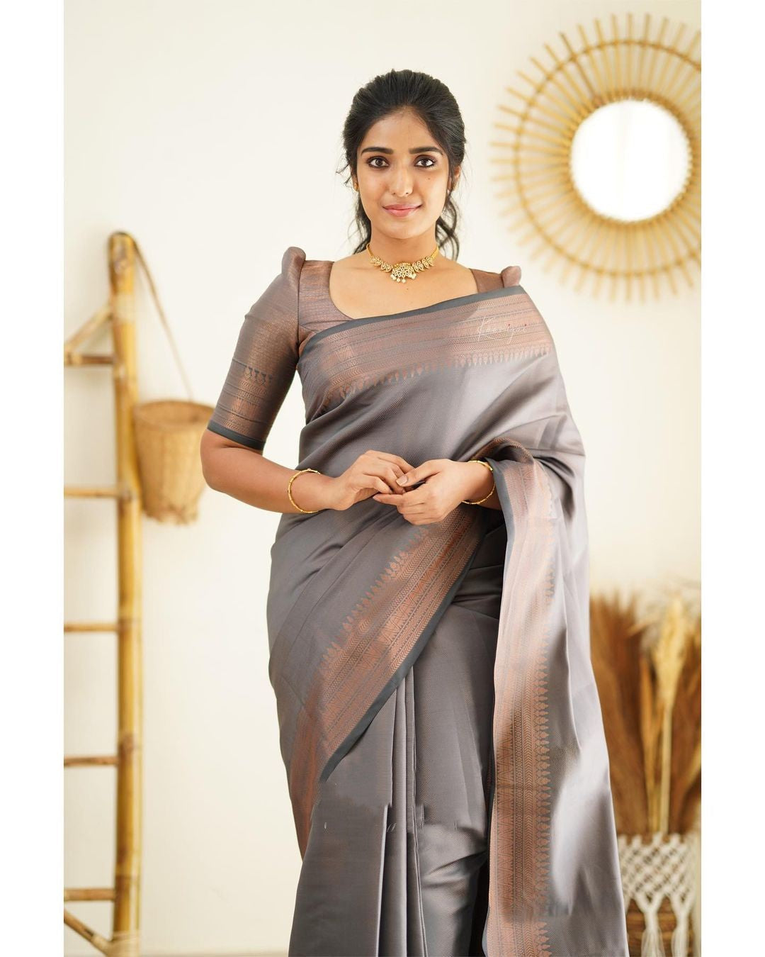 Forbearance Grey Soft Silk Saree With Imbrication Blouse Piece