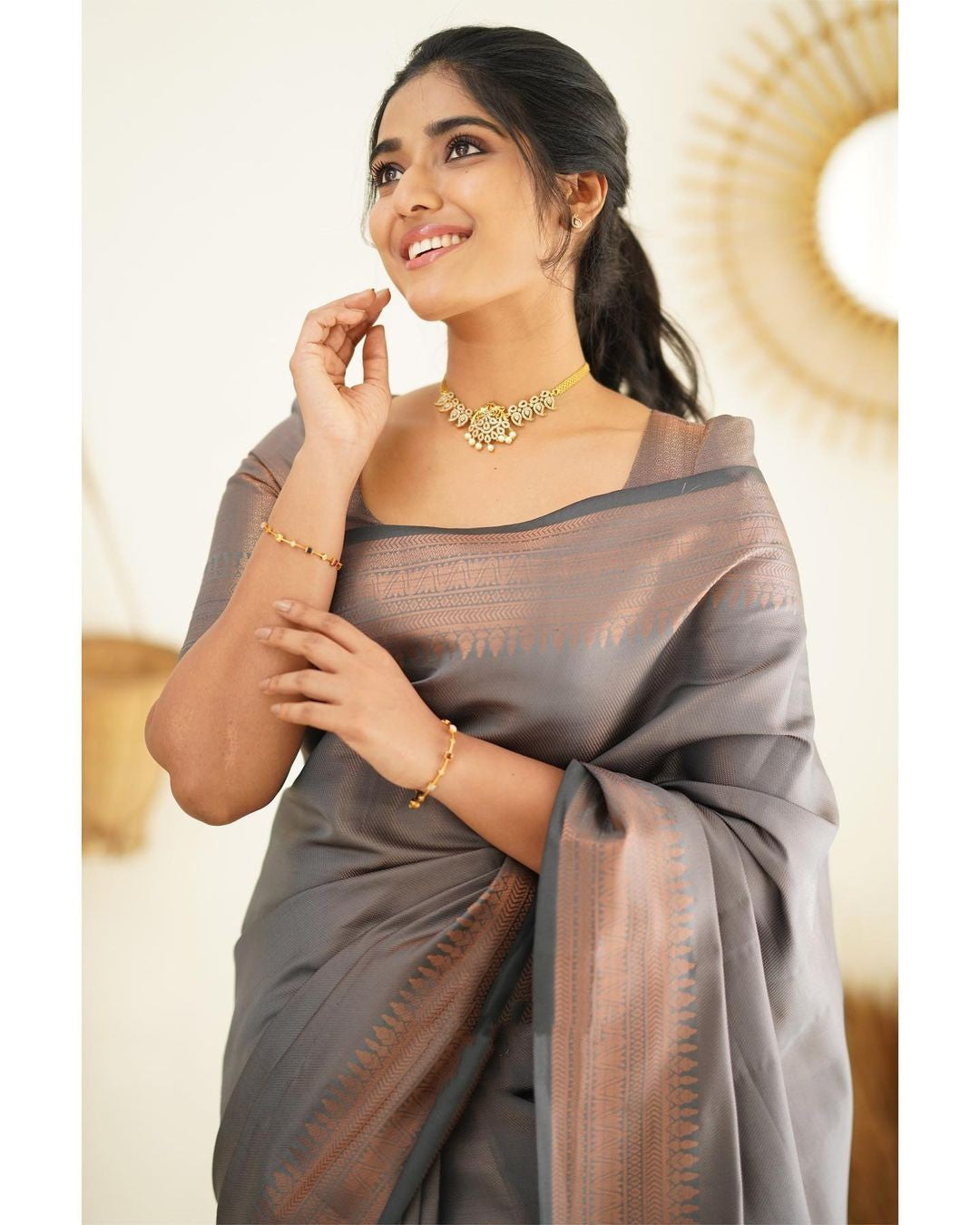 Forbearance Grey Soft Silk Saree With Imbrication Blouse Piece