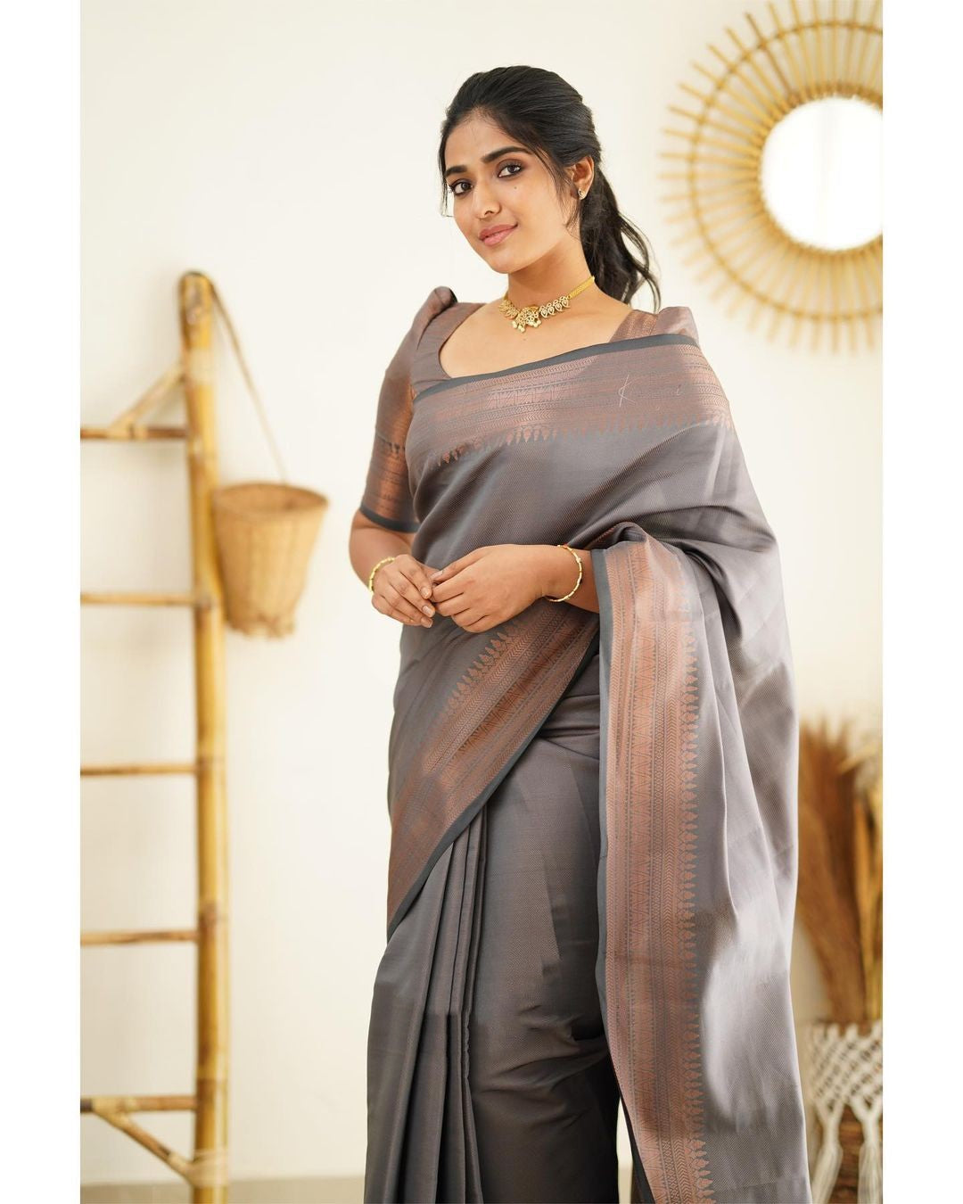 Forbearance Grey Soft Silk Saree With Imbrication Blouse Piece