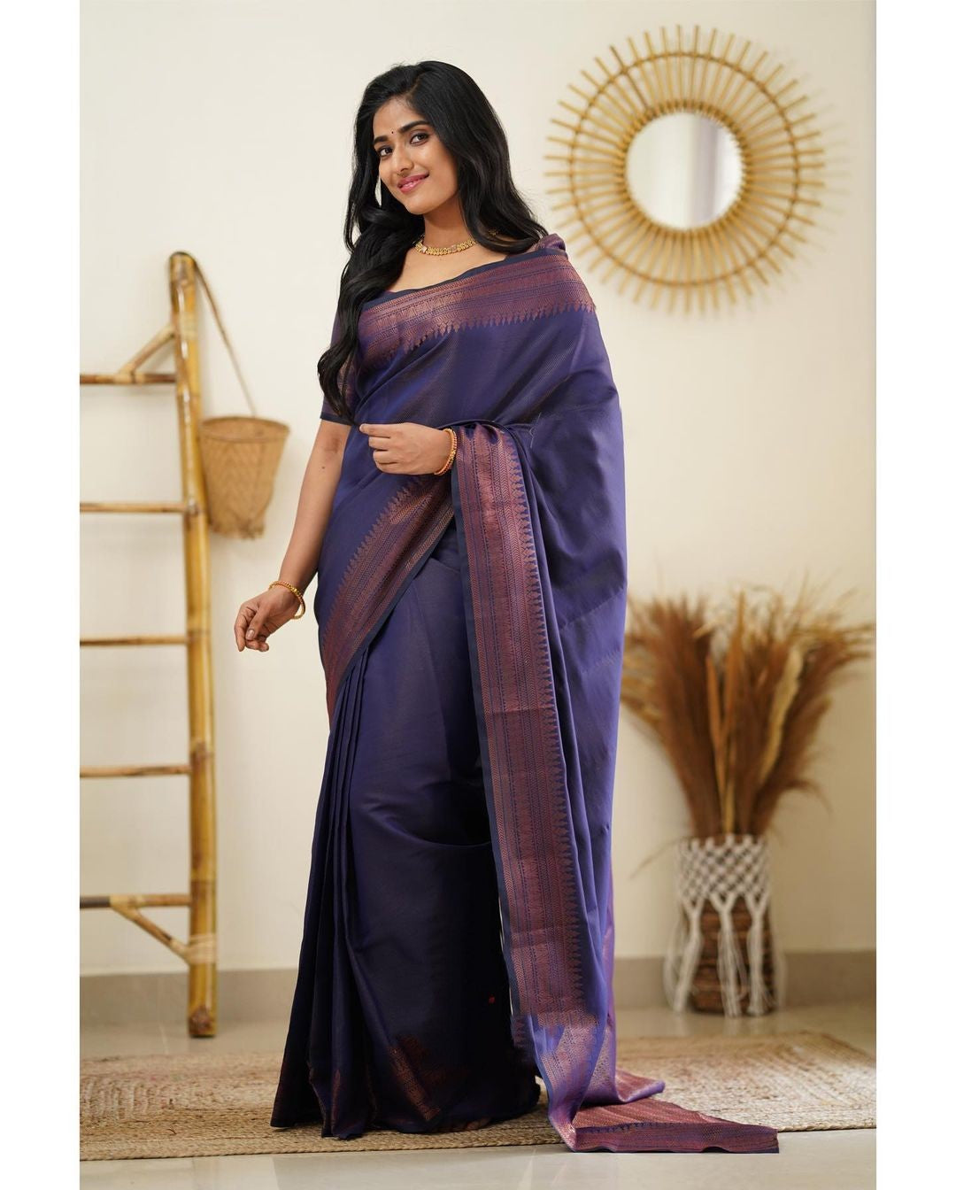 Gratifying Navy Blue Soft Silk Saree With Adoring Blouse Piece