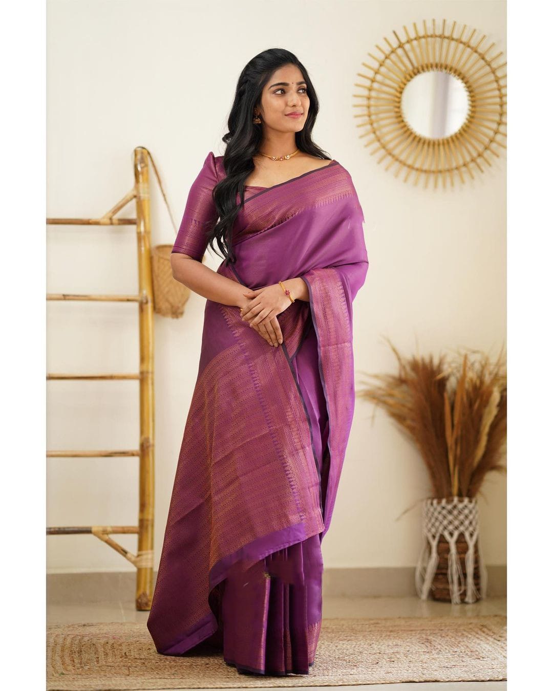 Evocative Purple Soft Silk Saree With Gossamer Blouse Piece