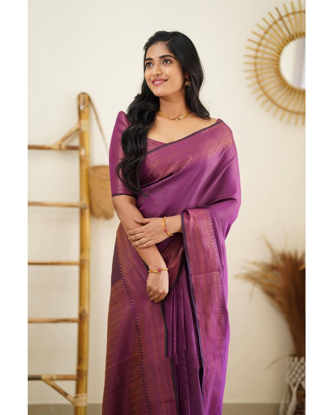 Evocative Purple Soft Silk Saree With Gossamer Blouse Piece