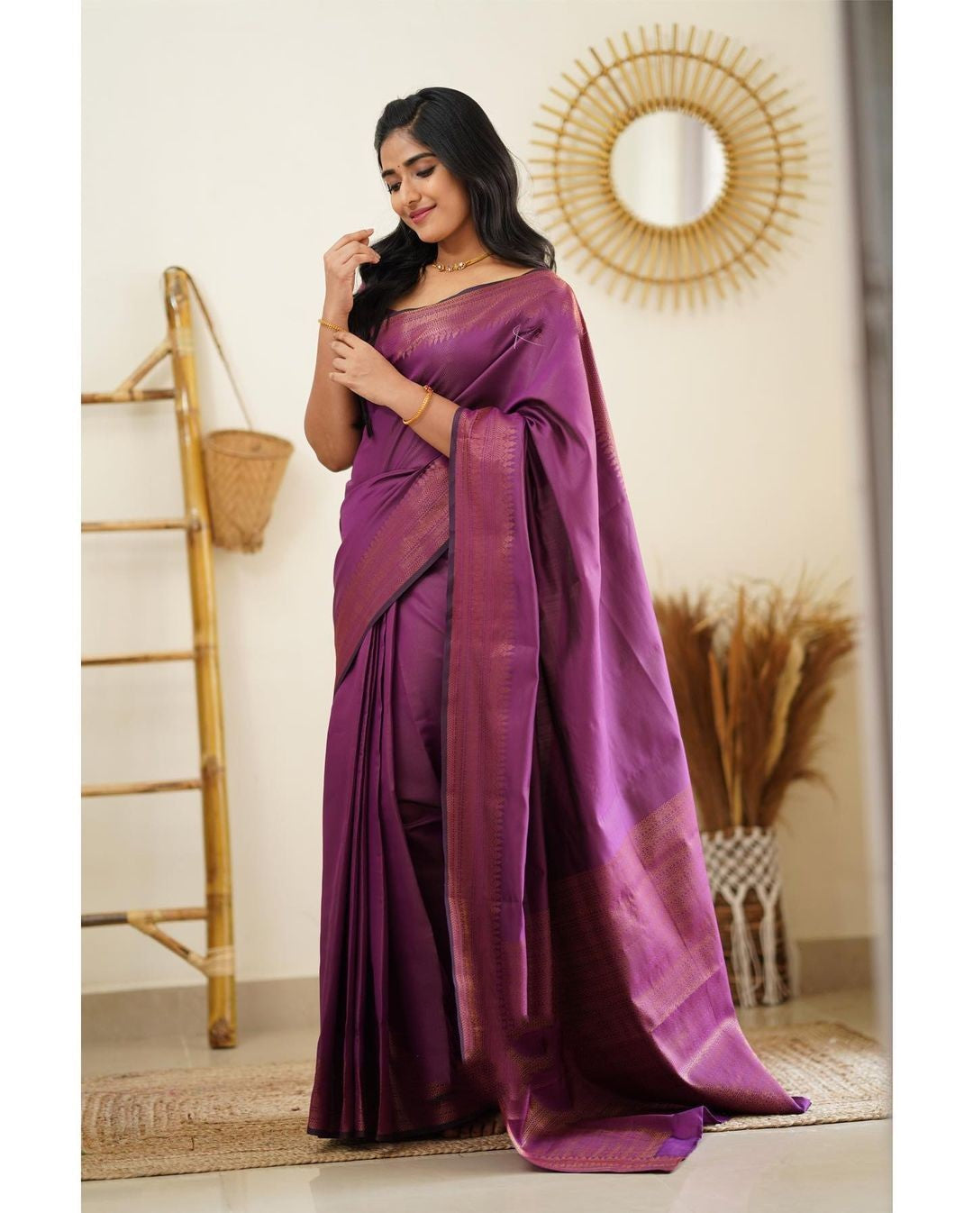 Evocative Purple Soft Silk Saree With Gossamer Blouse Piece