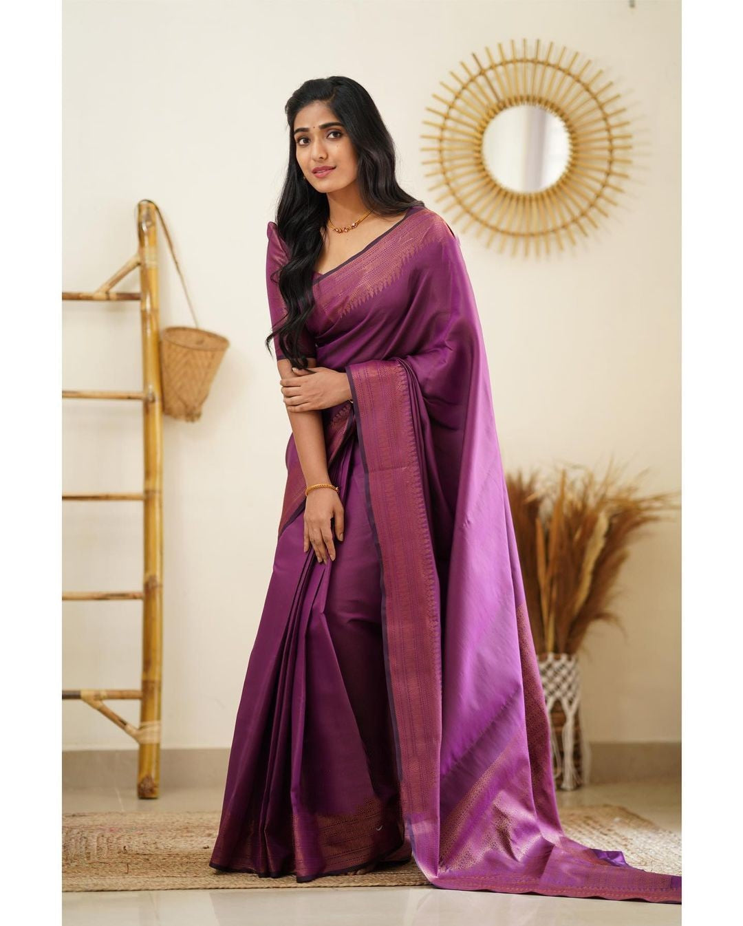 Evocative Purple Soft Silk Saree With Gossamer Blouse Piece