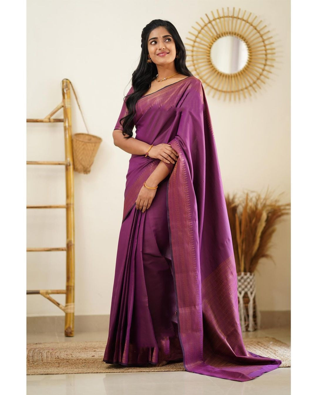 Evocative Purple Soft Silk Saree With Gossamer Blouse Piece