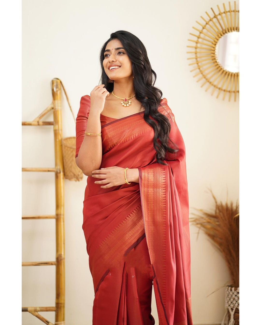 Epiphany Red Soft Silk Saree With Forbearance Blouse Piece