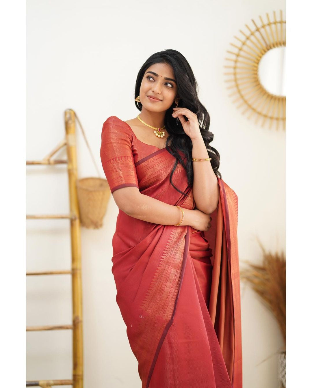 Epiphany Red Soft Silk Saree With Forbearance Blouse Piece