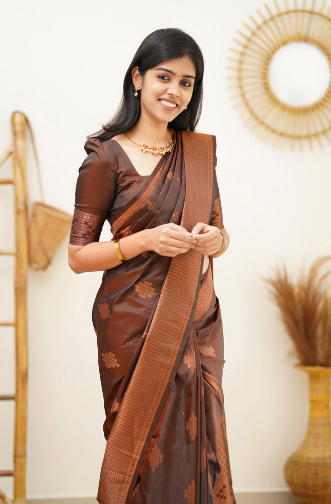 Comely Brown Soft Silk Saree With Enticing Blouse Piece