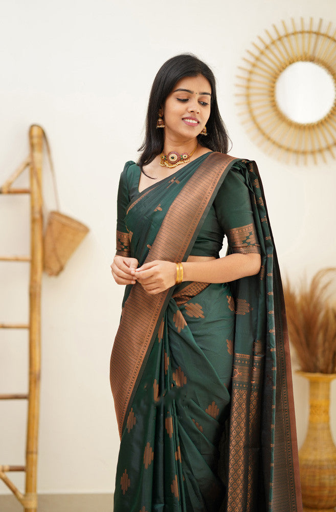 Attractive Dark Green Soft Silk Saree With Desirable Blouse Piece