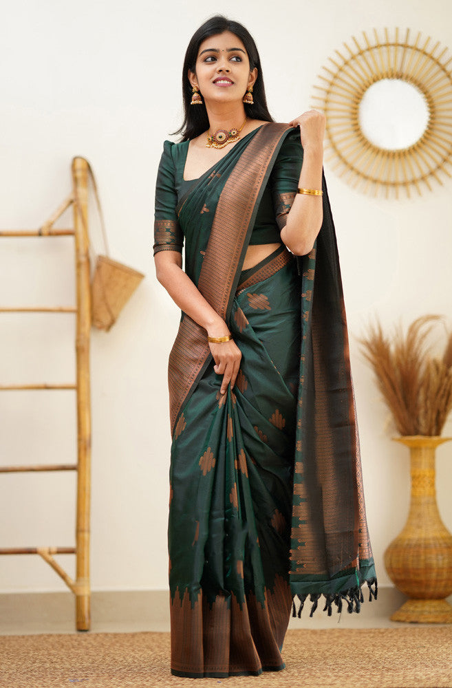 Attractive Dark Green Soft Silk Saree With Desirable Blouse Piece