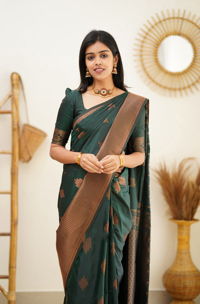 Attractive Dark Green Soft Silk Saree With Desirable Blouse Piece