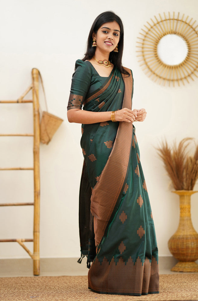 Attractive Dark Green Soft Silk Saree With Desirable Blouse Piece