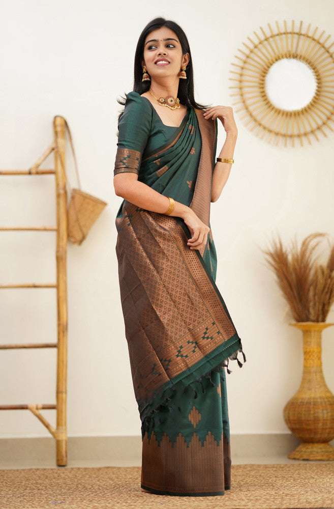 Attractive Dark Green Soft Silk Saree With Desirable Blouse Piece