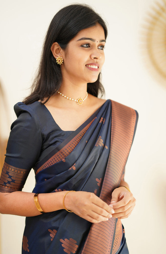 Energetic Navy Blue Soft Silk Saree With Glorious Blouse Piece