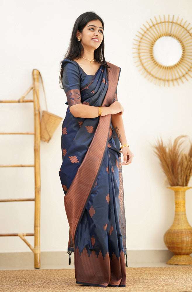 Energetic Navy Blue Soft Silk Saree With Glorious Blouse Piece