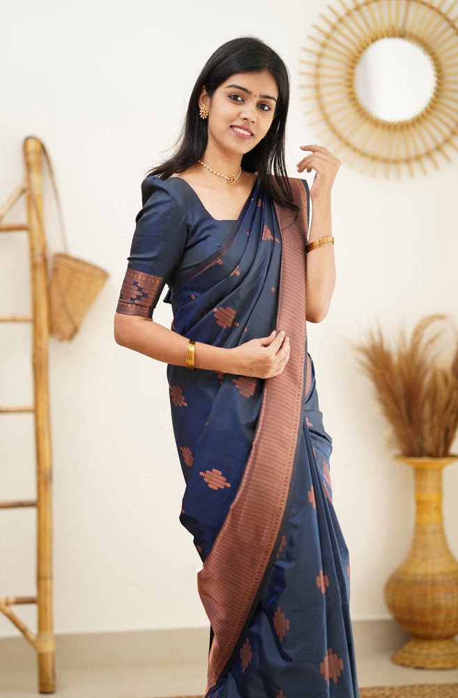 Energetic Navy Blue Soft Silk Saree With Glorious Blouse Piece