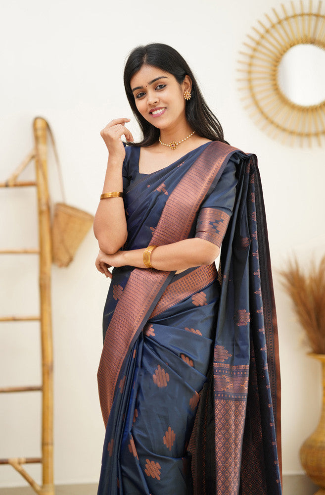 Energetic Navy Blue Soft Silk Saree With Glorious Blouse Piece