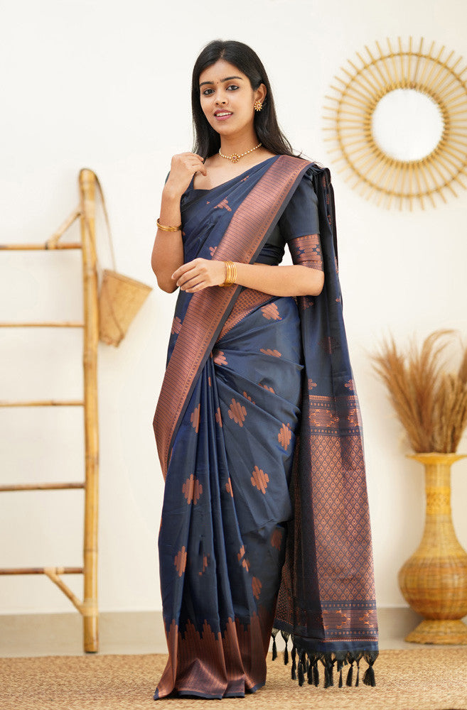 Energetic Navy Blue Soft Silk Saree With Glorious Blouse Piece