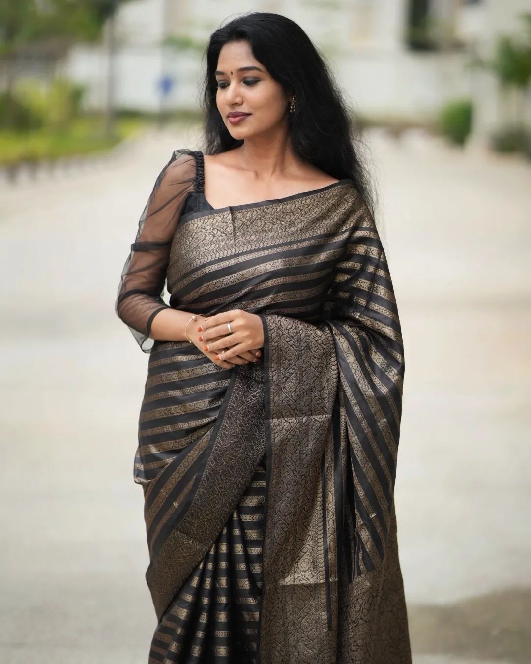 Fairytale Black Soft Silk Saree With A glam Blouse Piece