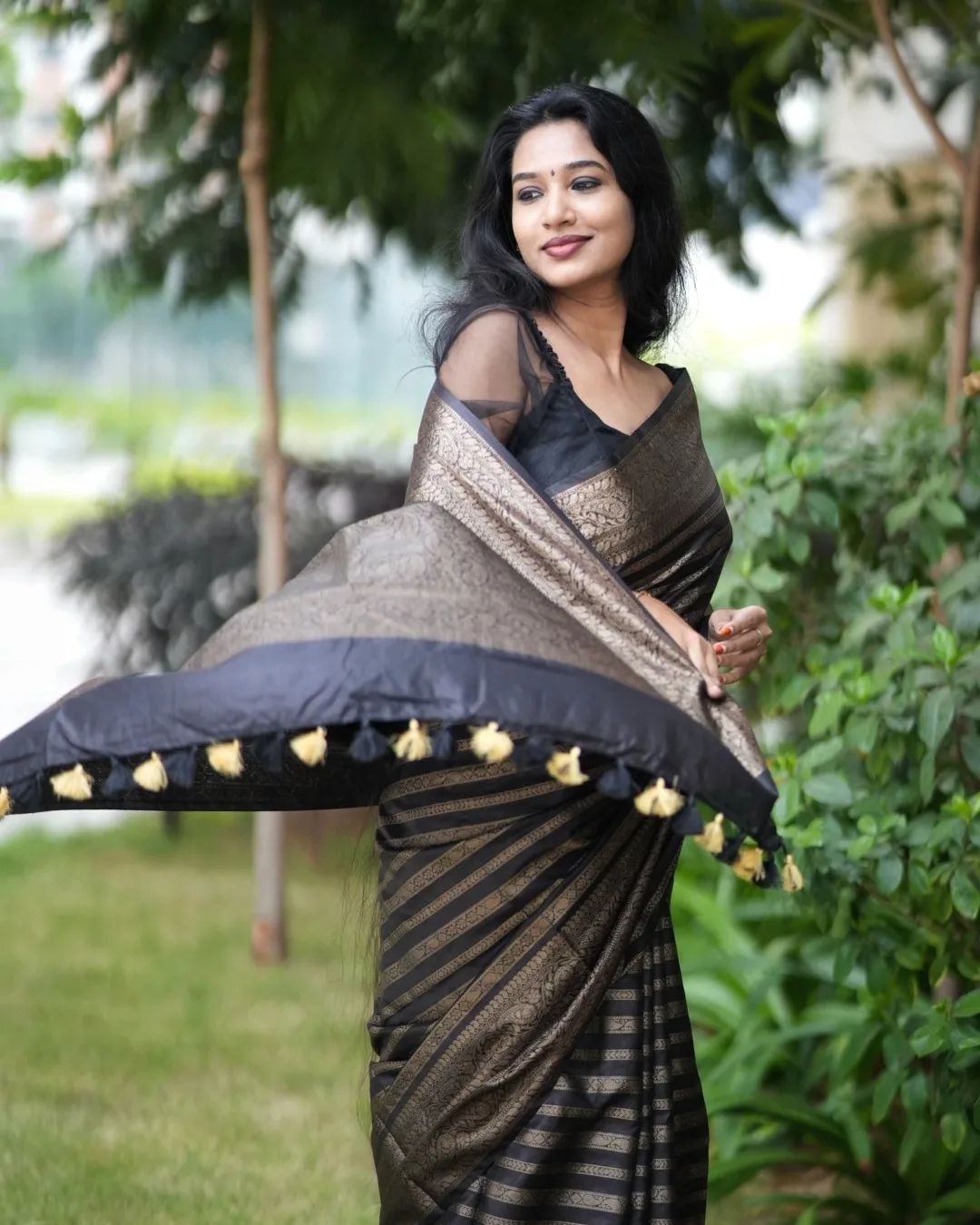 Fairytale Black Soft Silk Saree With A glam Blouse Piece