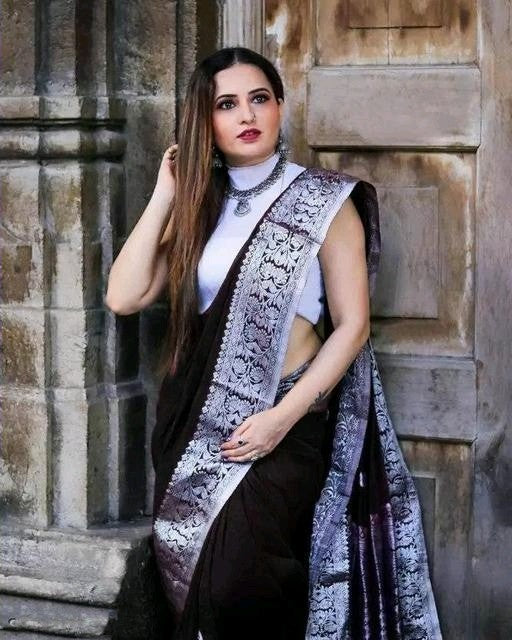 Beguiling Black Soft Banarasi Silk Saree With Girlish Blouse Piece