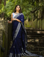 Sempiternal Navy Blue Soft Banarasi Silk Saree With Charismatic Blouse Piece