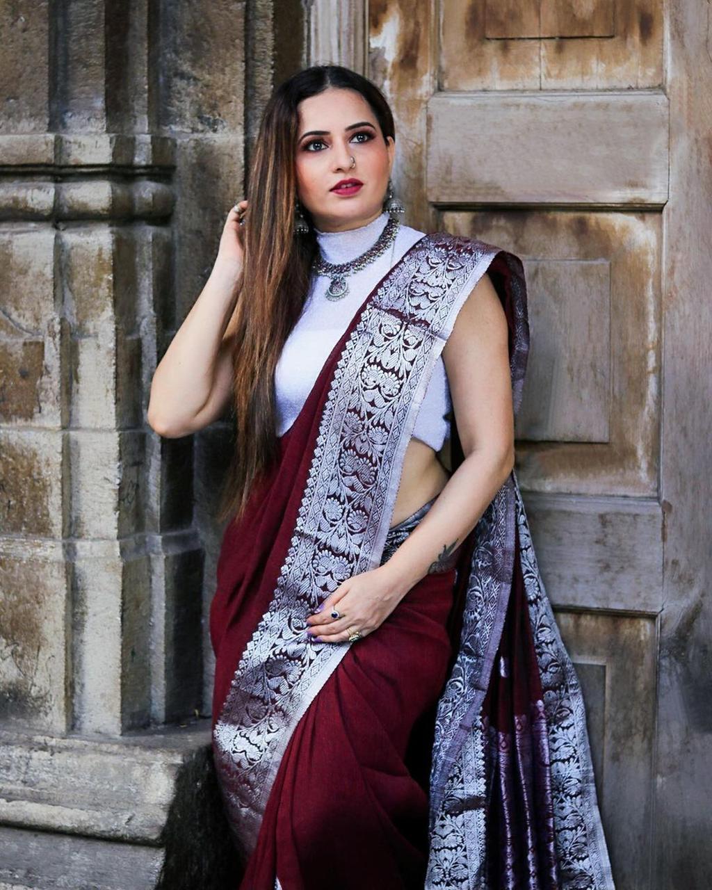 Fairytale Wine Soft Banarasi Silk Saree With Propinquity Blouse Piece