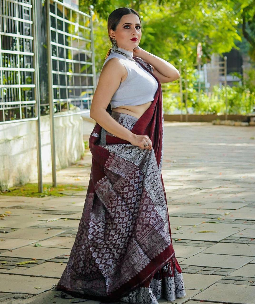 Fairytale Wine Soft Banarasi Silk Saree With Propinquity Blouse Piece