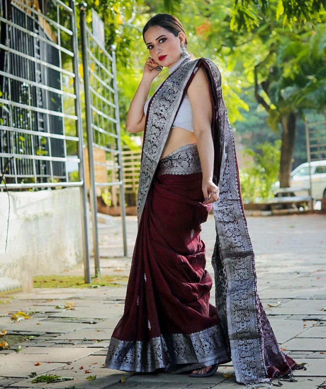 Fairytale Wine Soft Banarasi Silk Saree With Propinquity Blouse Piece