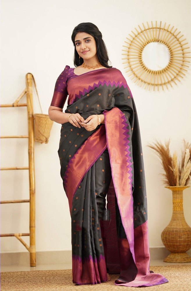 Flattering Black Soft Banarasi Silk Saree With Prominent Blouse Piece