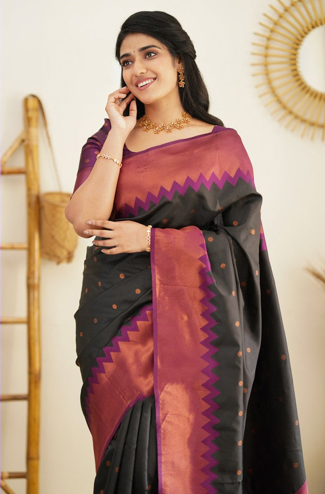 Flattering Black Soft Banarasi Silk Saree With Prominent Blouse Piece