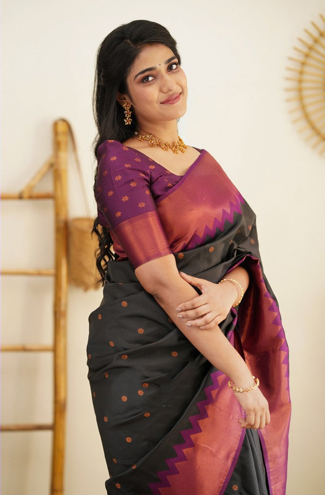 Flattering Black Soft Banarasi Silk Saree With Prominent Blouse Piece