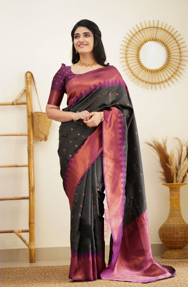 Flattering Black Soft Banarasi Silk Saree With Prominent Blouse Piece