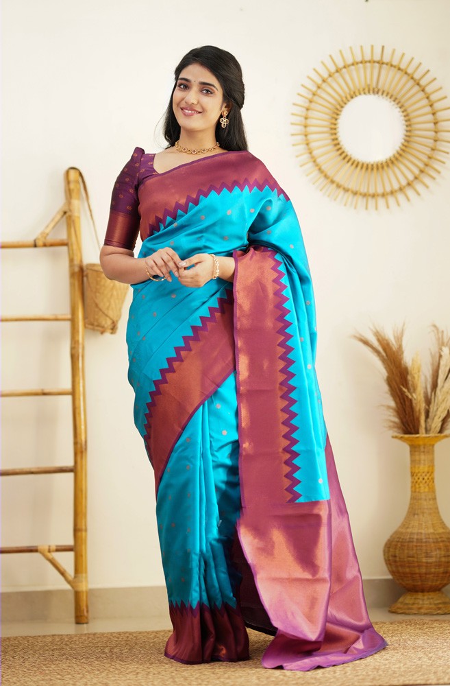 Elegant Firozi Soft Banarasi Silk Saree With Majesty Blouse Piece