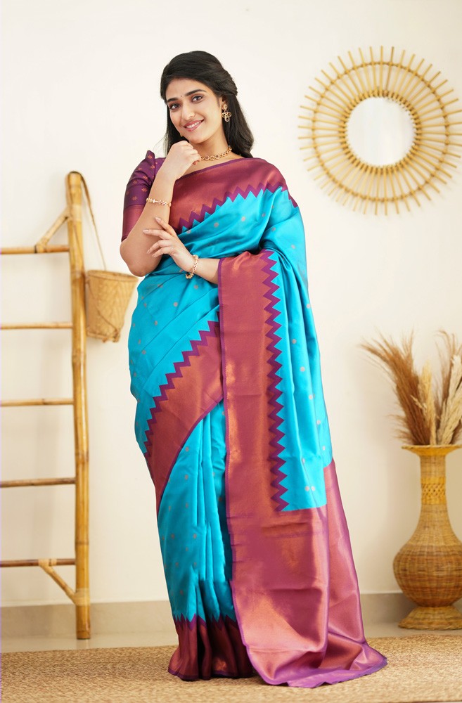 Elegant Firozi Soft Banarasi Silk Saree With Majesty Blouse Piece