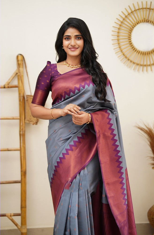 Innovative Grey Soft Banarasi Silk Saree With Exceptional Blouse Piece