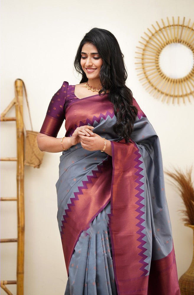 Innovative Grey Soft Banarasi Silk Saree With Exceptional Blouse Piece