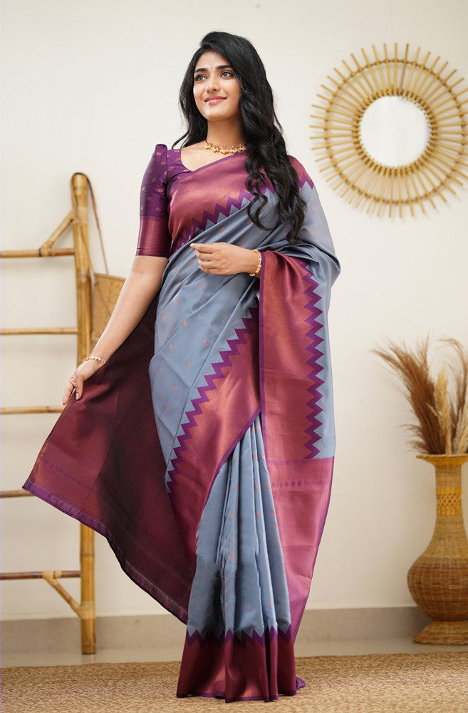 Innovative Grey Soft Banarasi Silk Saree With Exceptional Blouse Piece