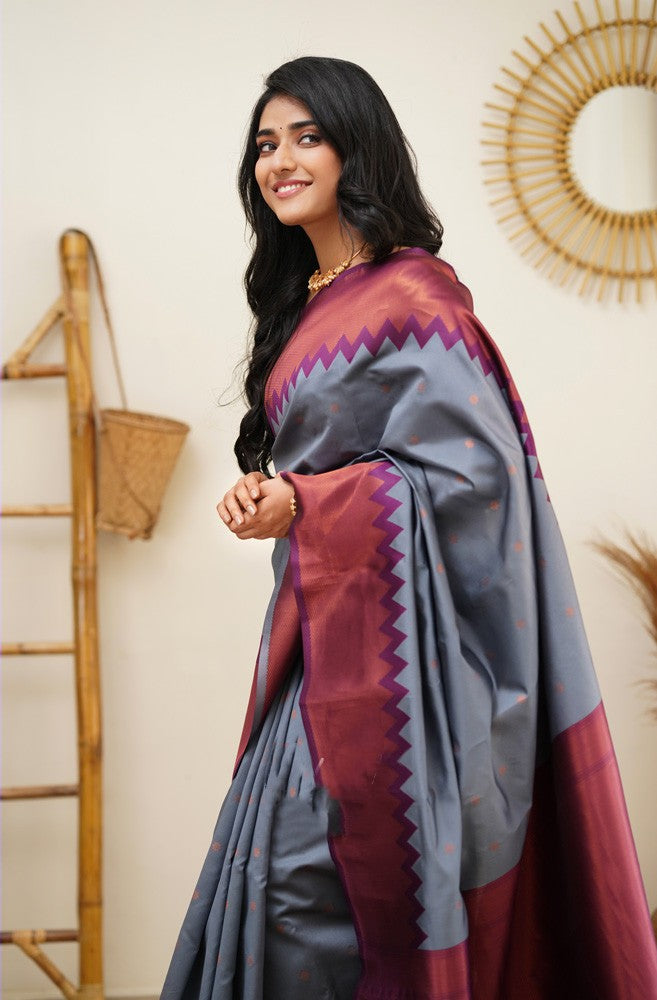 Innovative Grey Soft Banarasi Silk Saree With Exceptional Blouse Piece