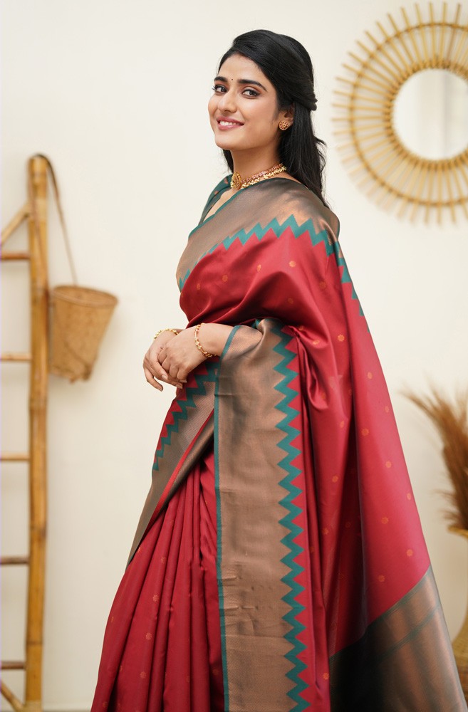 Marvellous Maroon Soft Banarasi Silk Saree With Groovy Blouse Piece