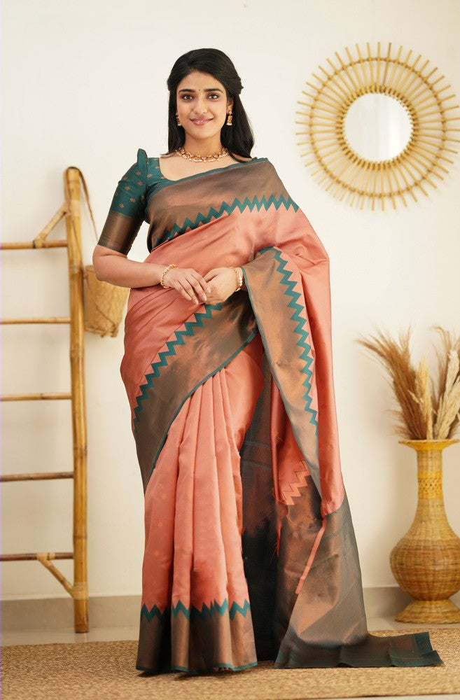 Stunning Peach Soft Banarasi Silk Saree With Opulent Blouse Piece