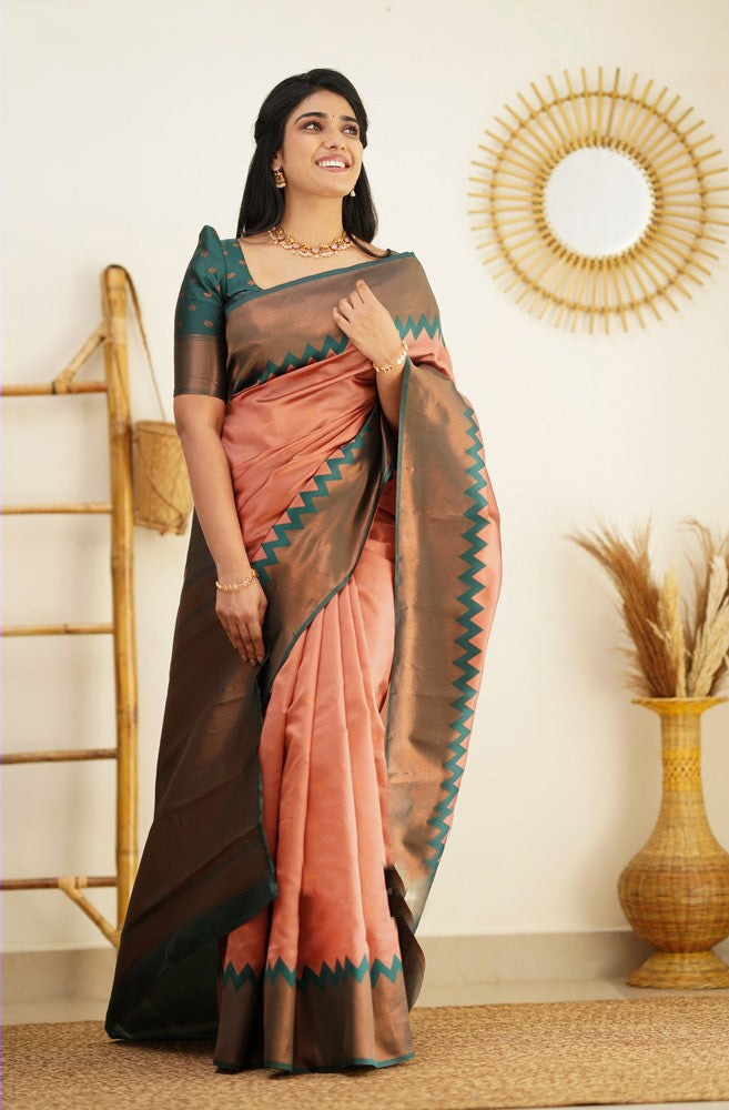 Stunning Peach Soft Banarasi Silk Saree With Opulent Blouse Piece