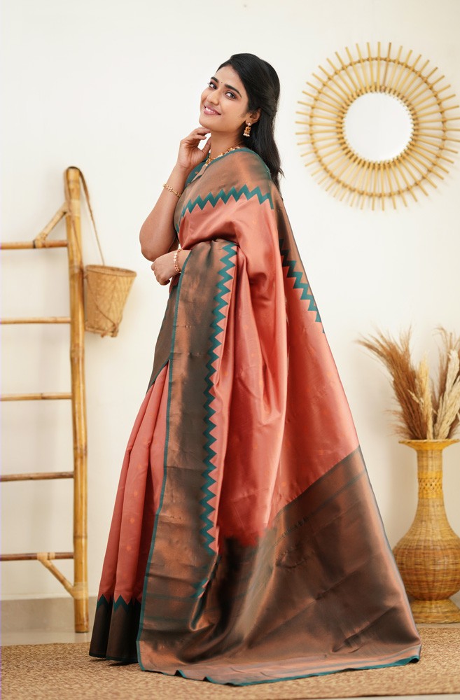 Stunning Peach Soft Banarasi Silk Saree With Opulent Blouse Piece