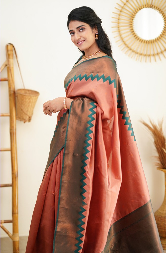 Stunning Peach Soft Banarasi Silk Saree With Opulent Blouse Piece