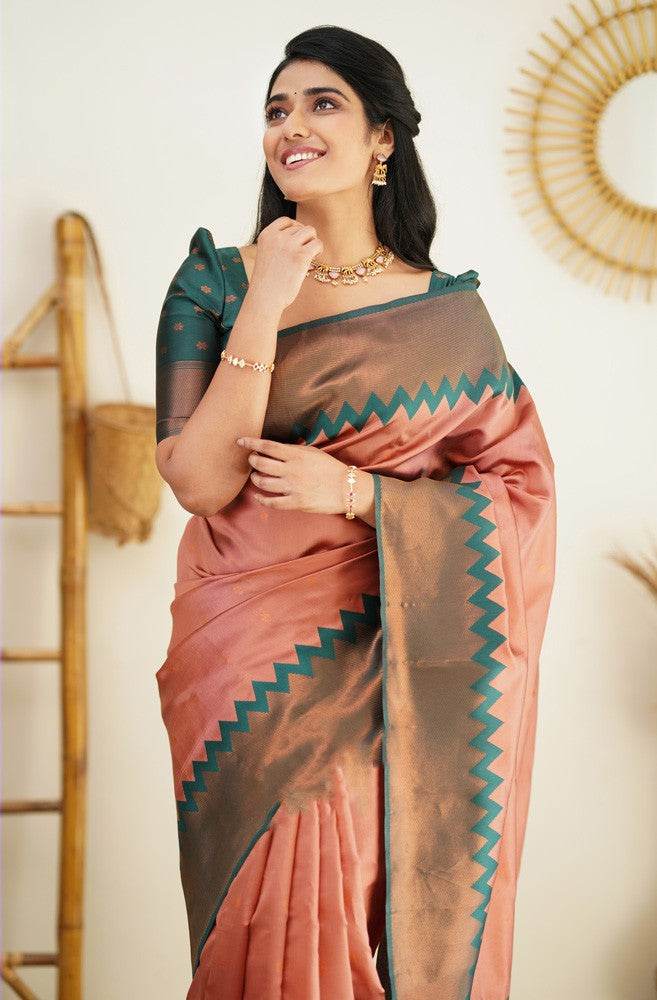 Stunning Peach Soft Banarasi Silk Saree With Opulent Blouse Piece