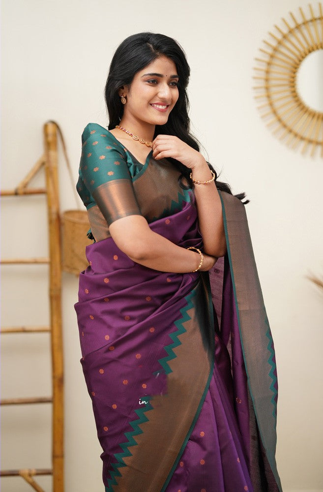 Trendy Purple Soft Banarasi Silk Saree With Radiant Blouse Piece