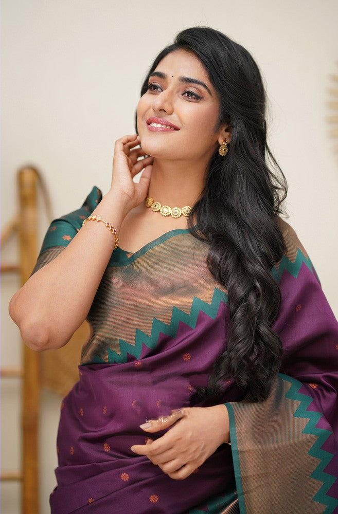 Trendy Purple Soft Banarasi Silk Saree With Radiant Blouse Piece