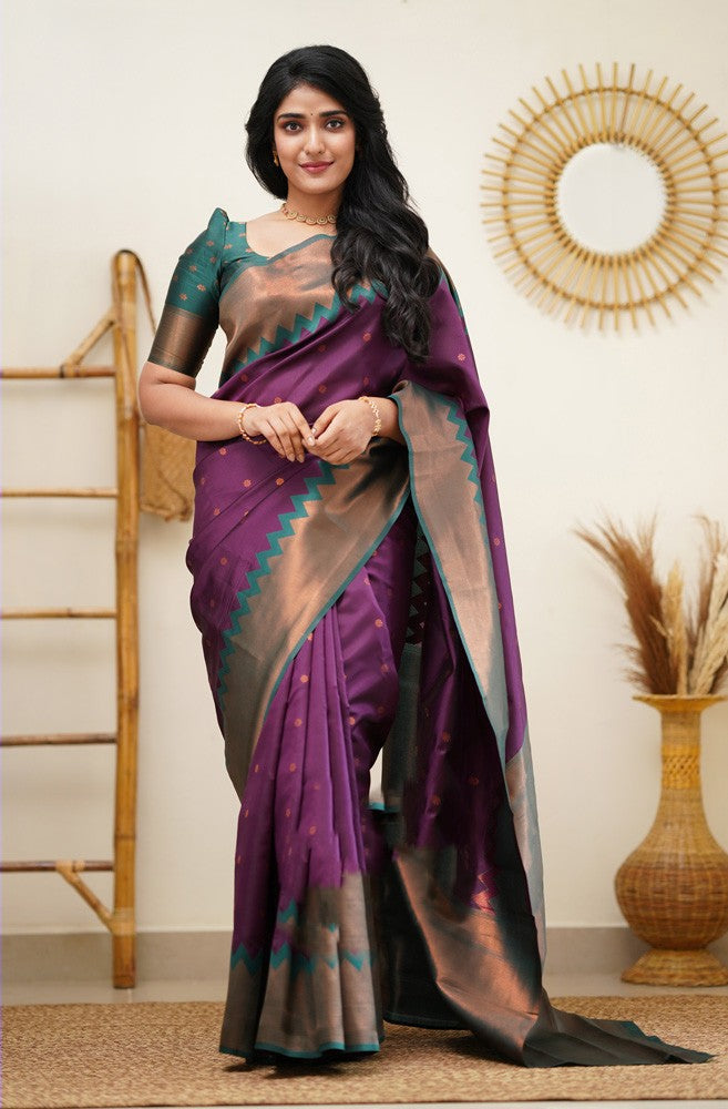 Trendy Purple Soft Banarasi Silk Saree With Radiant Blouse Piece