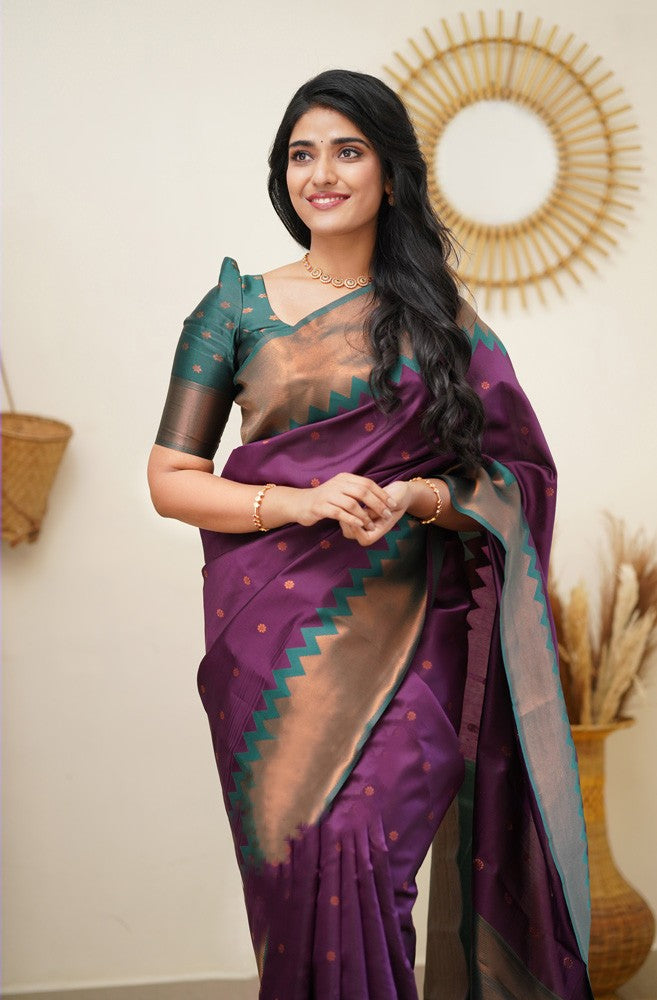 Trendy Purple Soft Banarasi Silk Saree With Radiant Blouse Piece