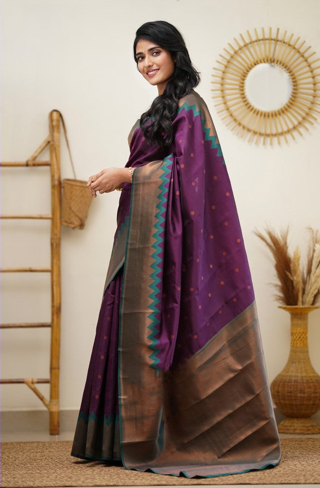 Trendy Purple Soft Banarasi Silk Saree With Radiant Blouse Piece